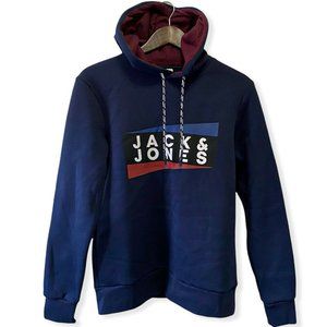 Jack & Jones Men's Size S Core Hoodie Front Logo Print Hooded Sweater Navy Blue